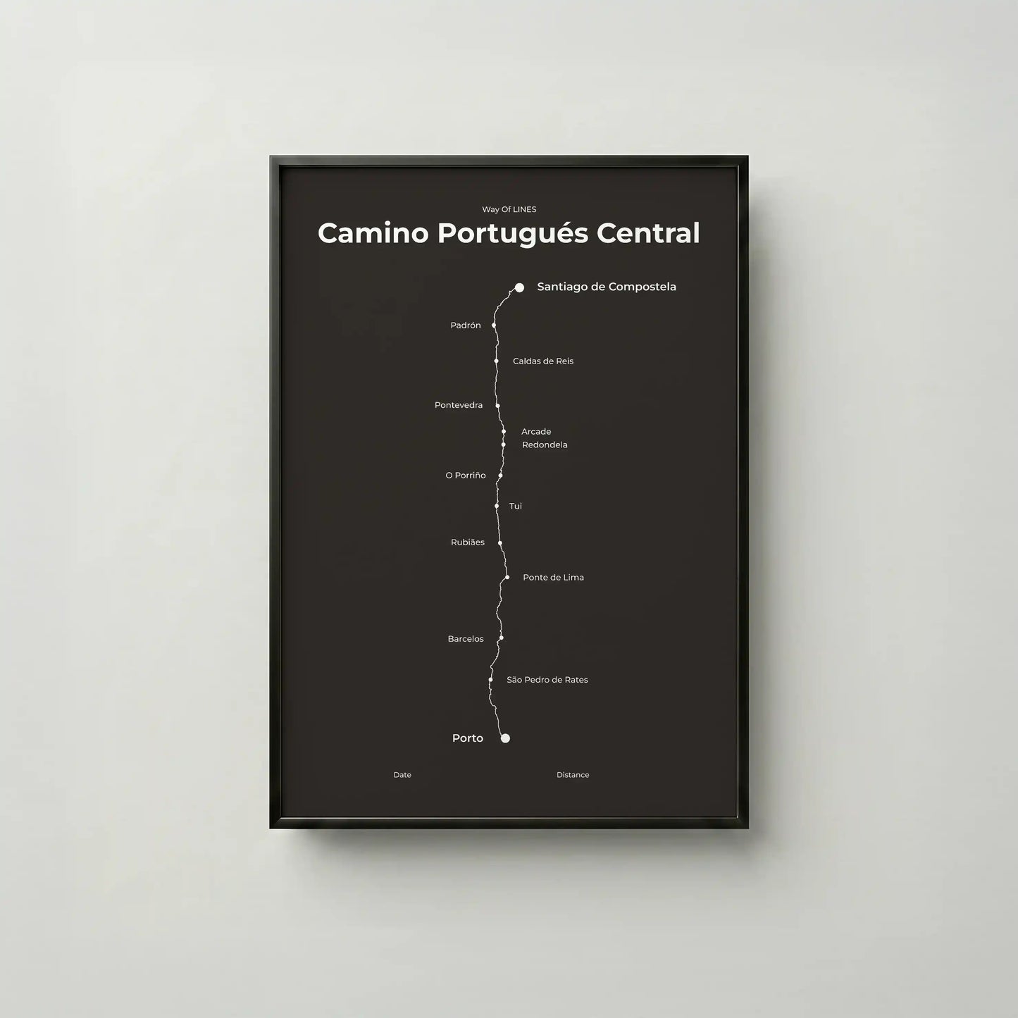 Minimalist Camino Portugués Central map poster in deep bark color, frame mockup.