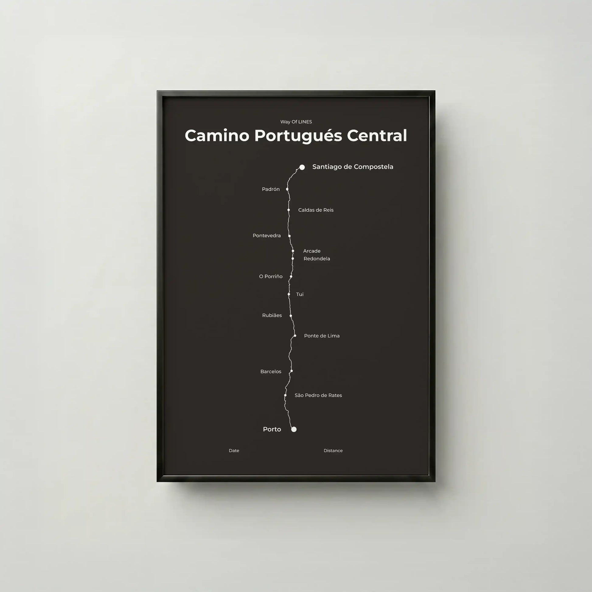 Minimalist Camino Portugués Central map poster in deep bark color, frame mockup.