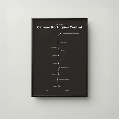 Minimalist Camino Portugués Central map poster in deep bark color, frame mockup.