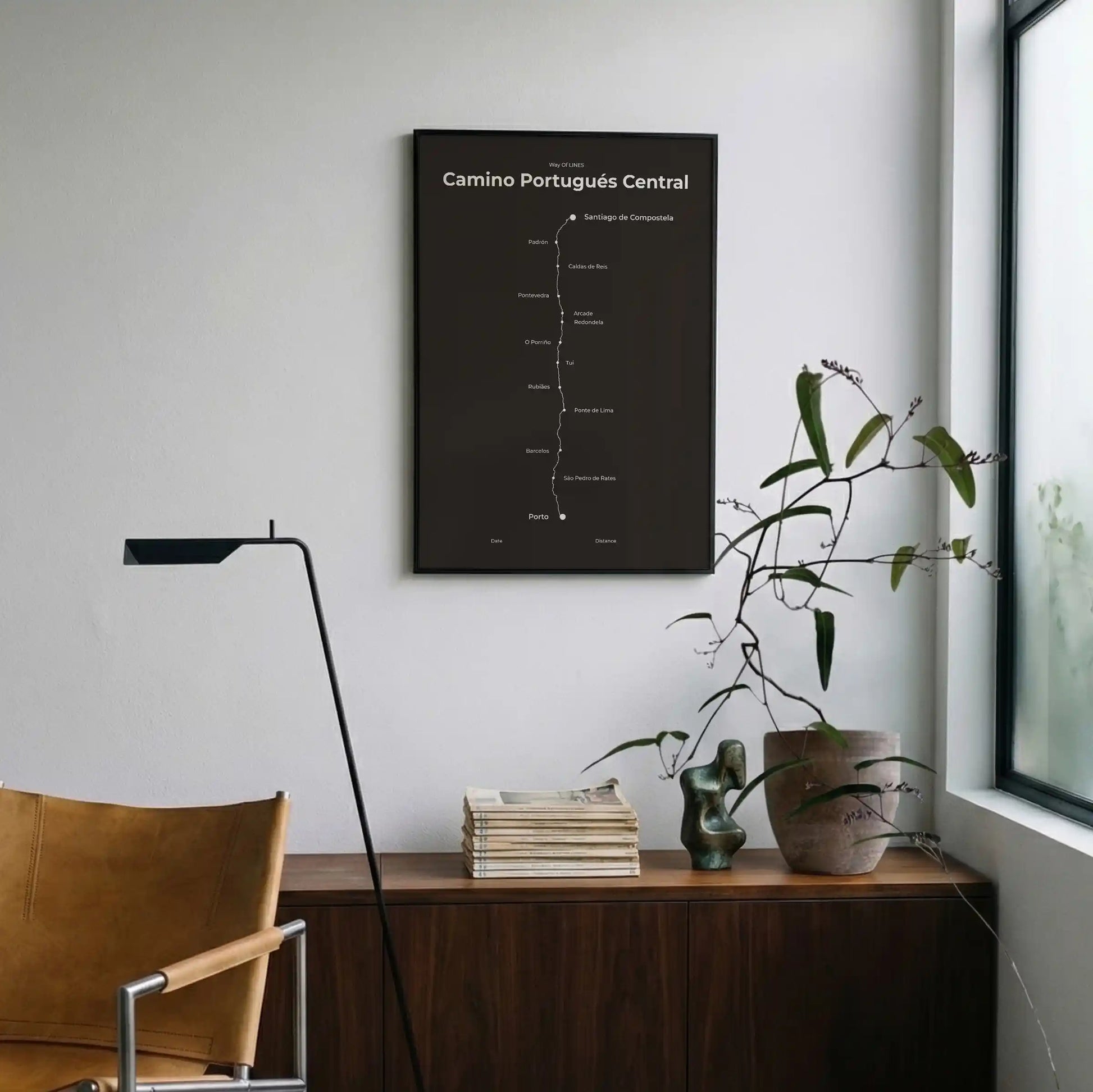 Minimalist Camino Portugués Central map poster in deep bark color, interior mockup.
