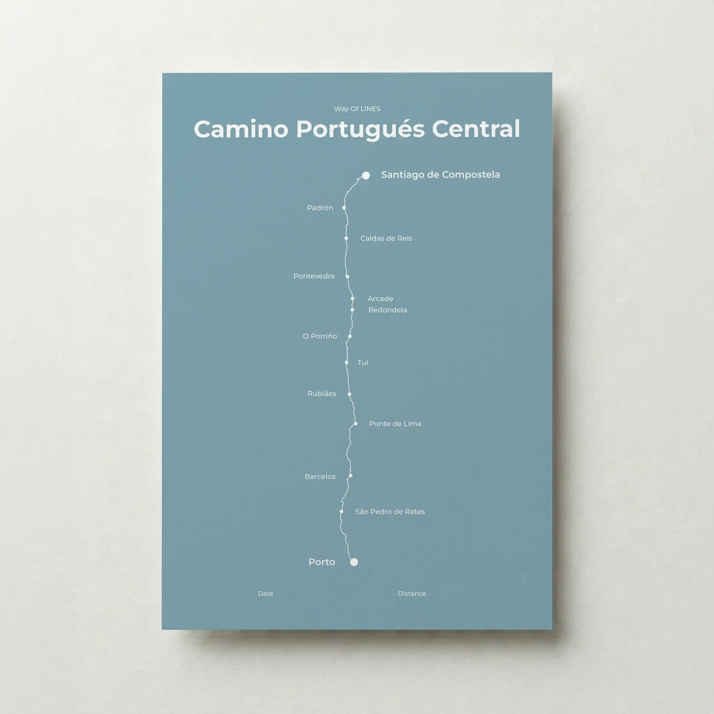 Minimalist Camino Portugués Central map poster in high mist color.