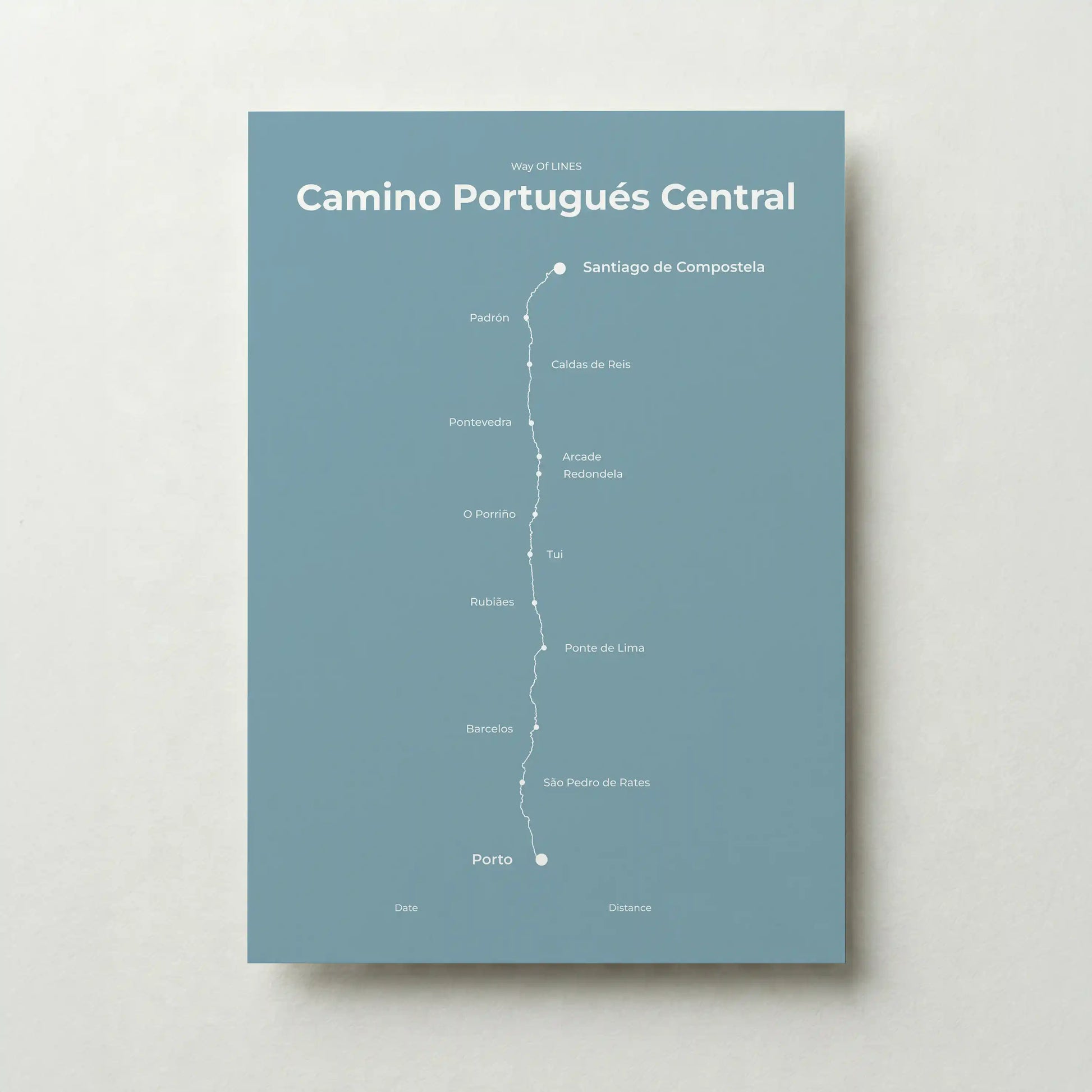 Minimalist Camino Portugués Central map poster in high mist color.