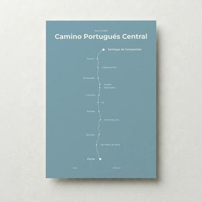 Minimalist Camino Portugués Central map poster in high mist color.