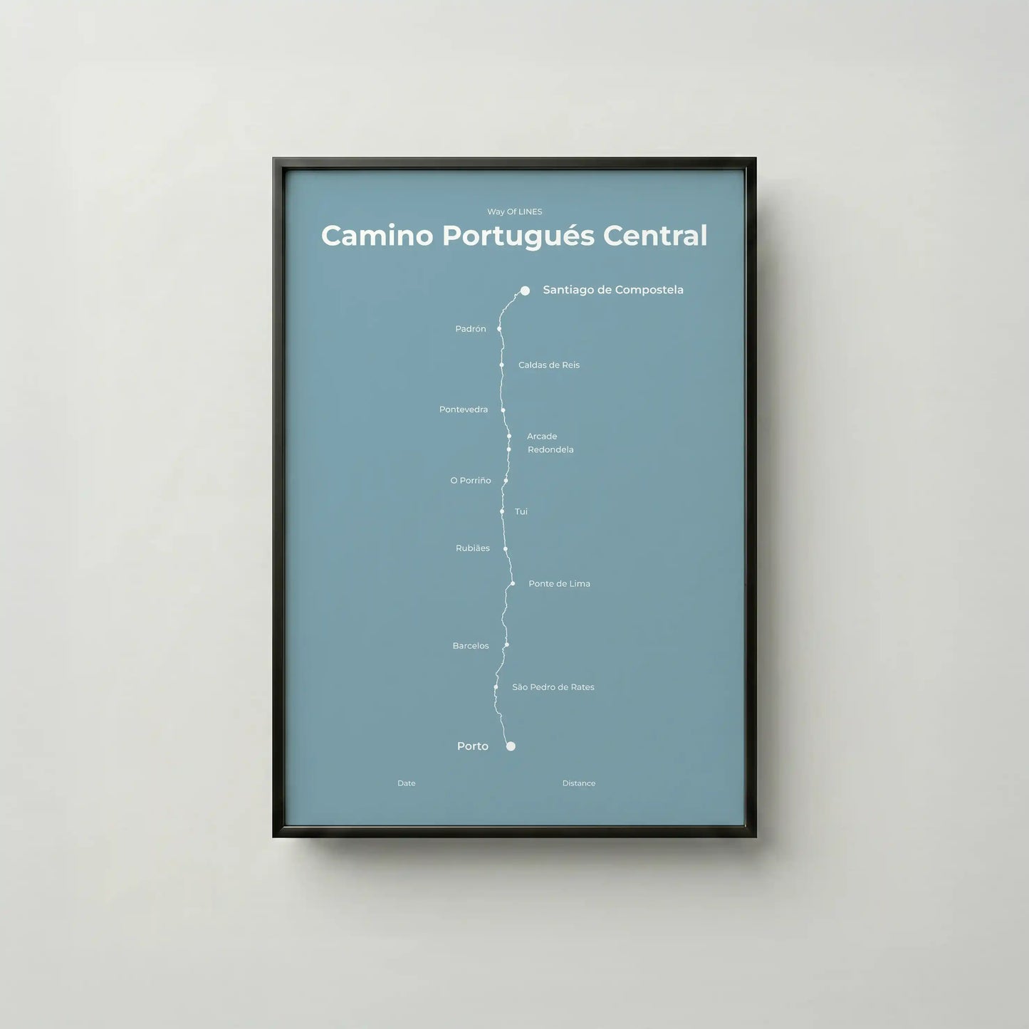 Minimalist Camino Portugués Central map poster in high mist color, frame mockup.