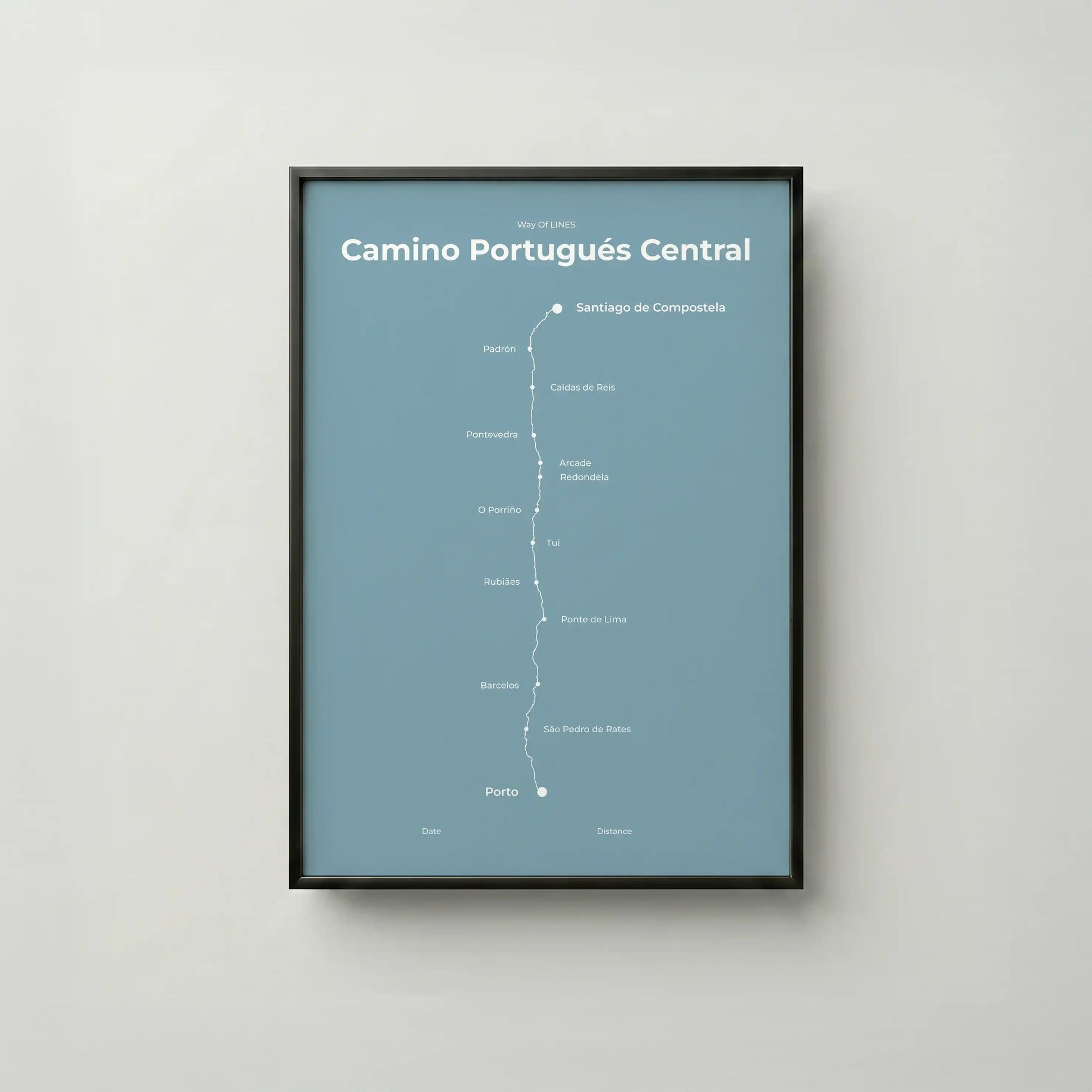 Minimalist Camino Portugués Central map poster in high mist color, frame mockup.