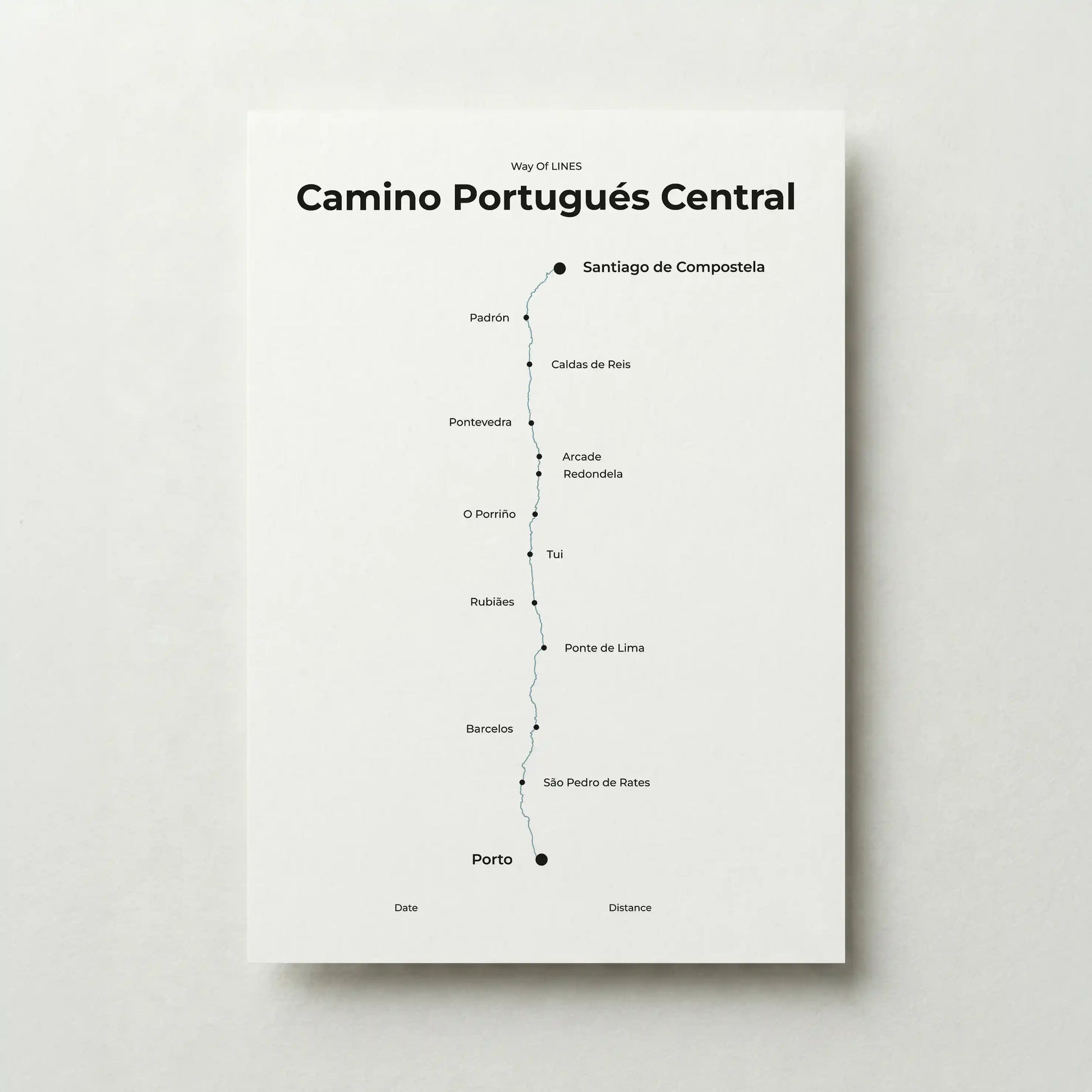 Minimalist Camino Portugués Central map poster in north drift color.