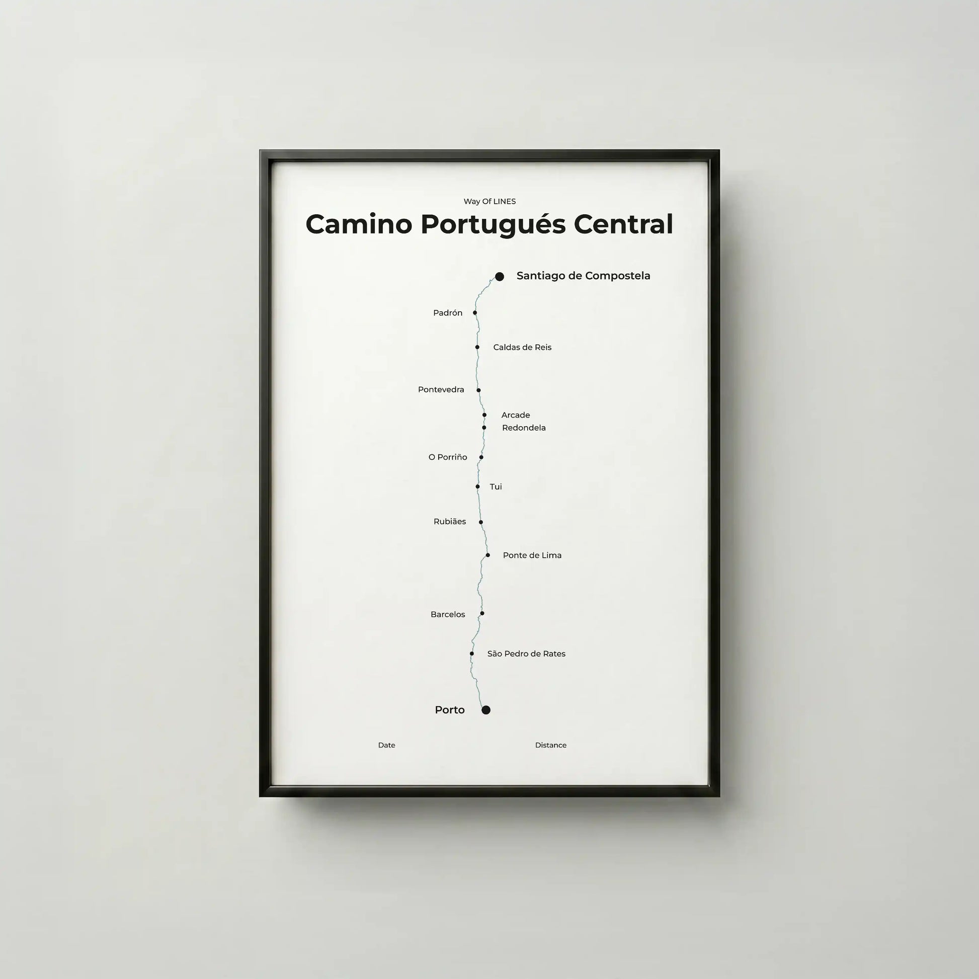 Minimalist Camino Portugués Central map poster in north drift color, frame mockup.