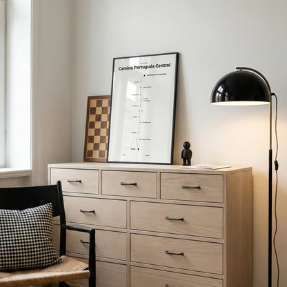 Minimalist Camino Portugués Central map poster in north drift color, interior mockup.
