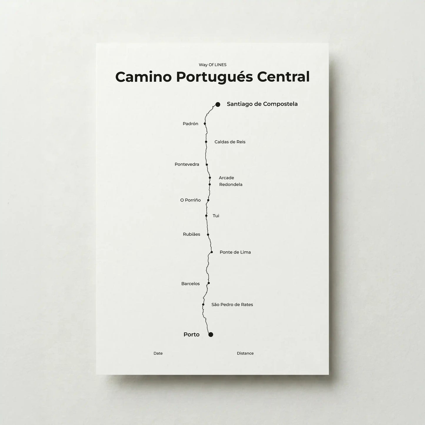 Minimalist Camino Portugués Central map poster in quiet black color.