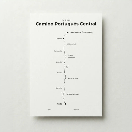 Minimalist Camino Portugués Central map poster in quiet black color.