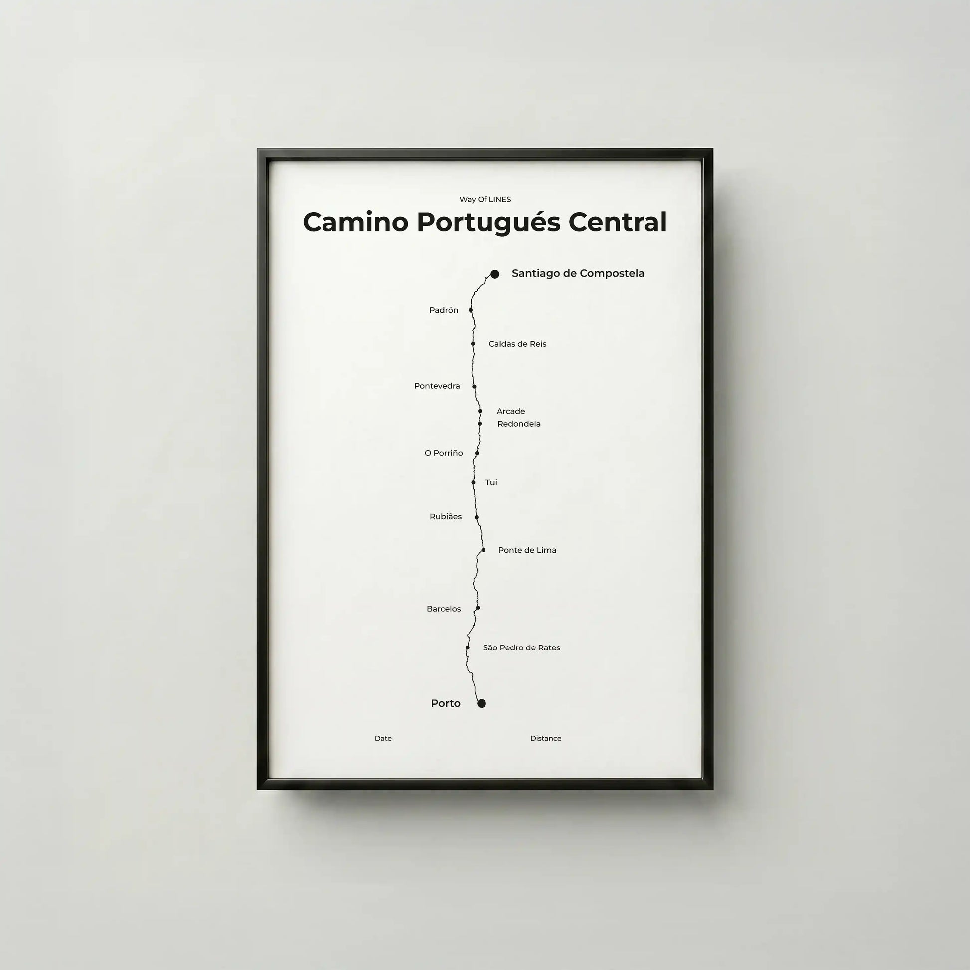Minimalist Camino Portugués Central map poster in quiet black color, frame mockup.