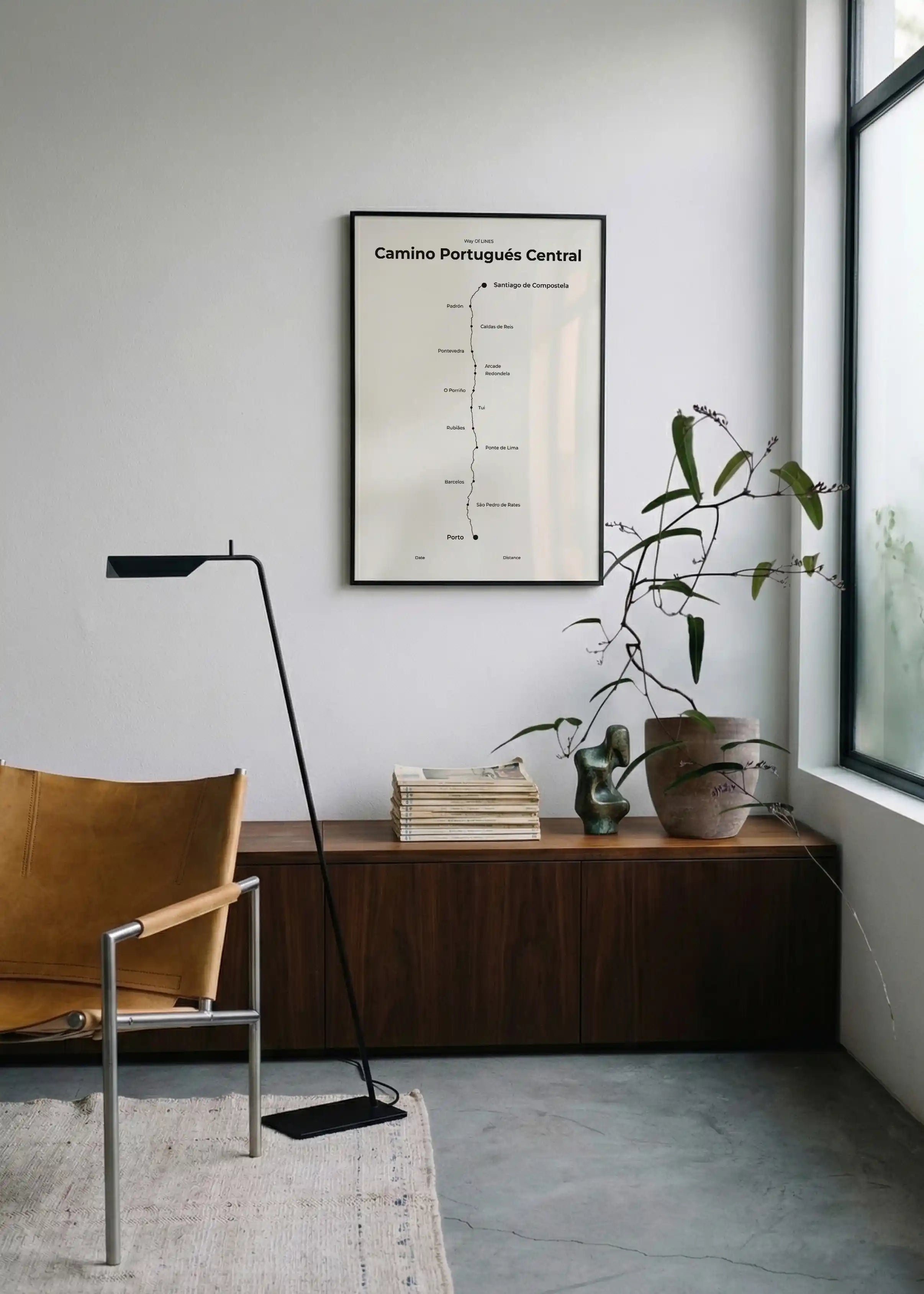 Minimalist Camino Portugués Central map poster in quiet black color, interior mockup.