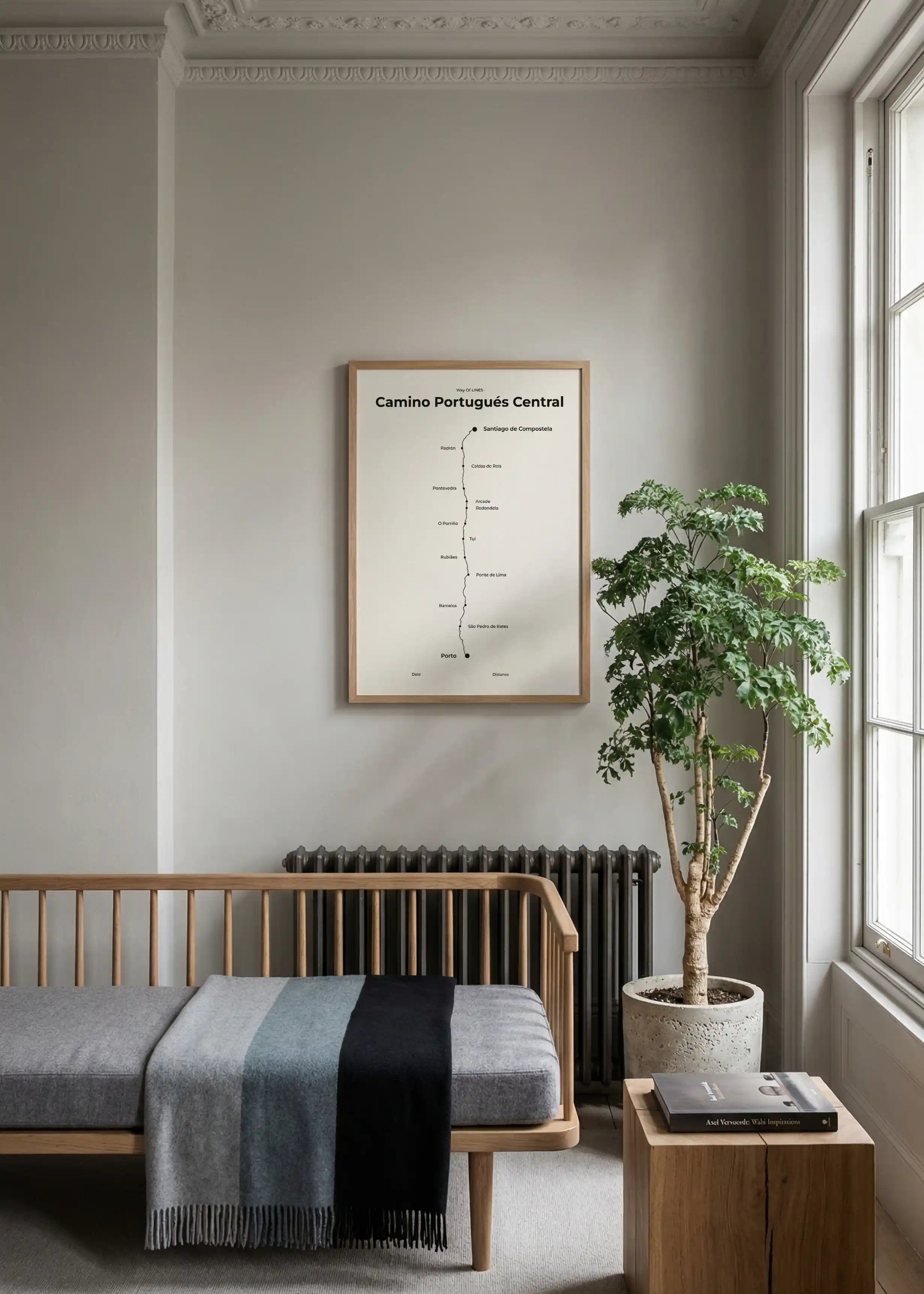 Minimalist Camino Portugués Central map poster in quiet black color, bedroom interior mockup.