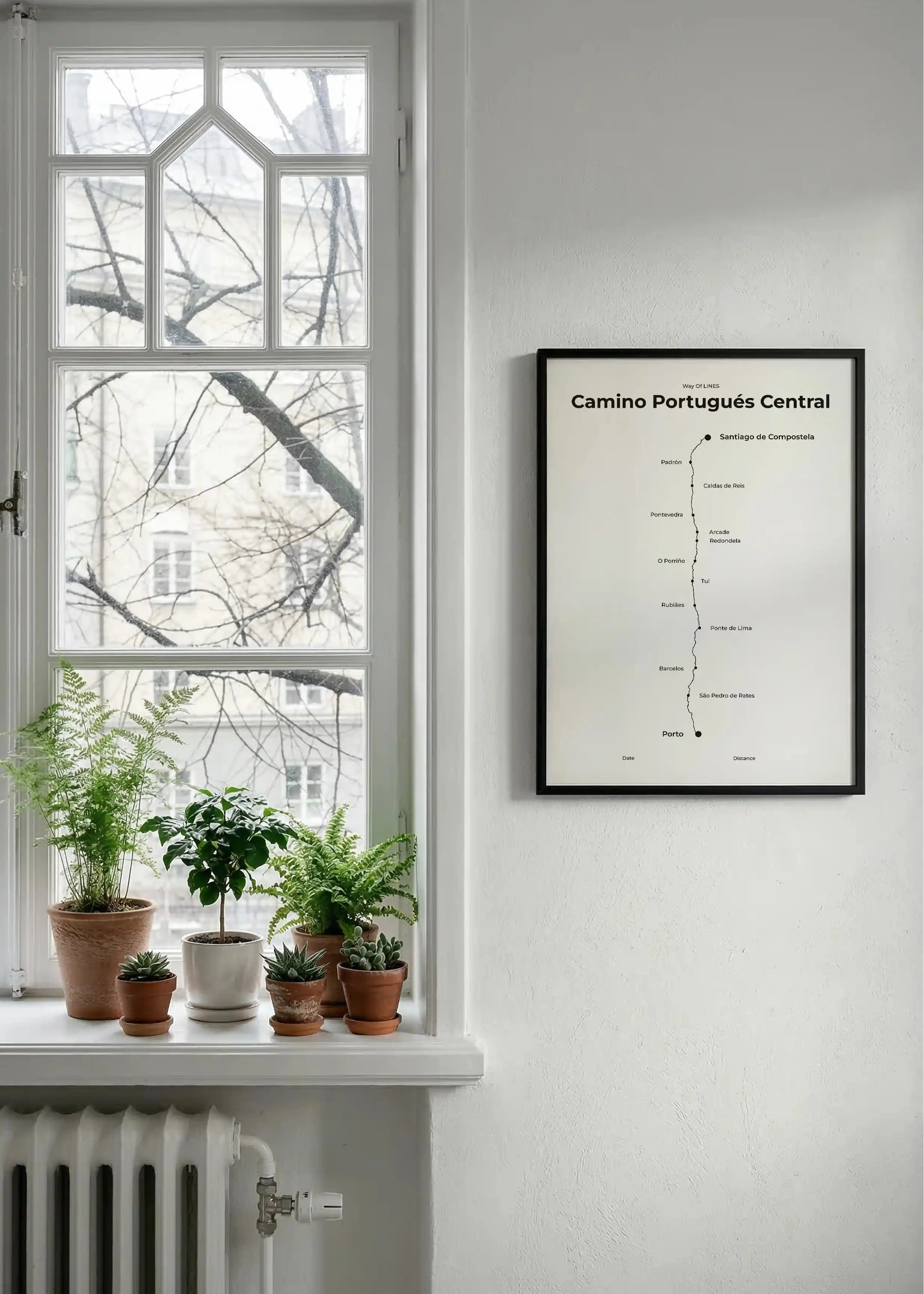 Minimalist Camino Portugués Central map poster in quiet black color, window interior mockup