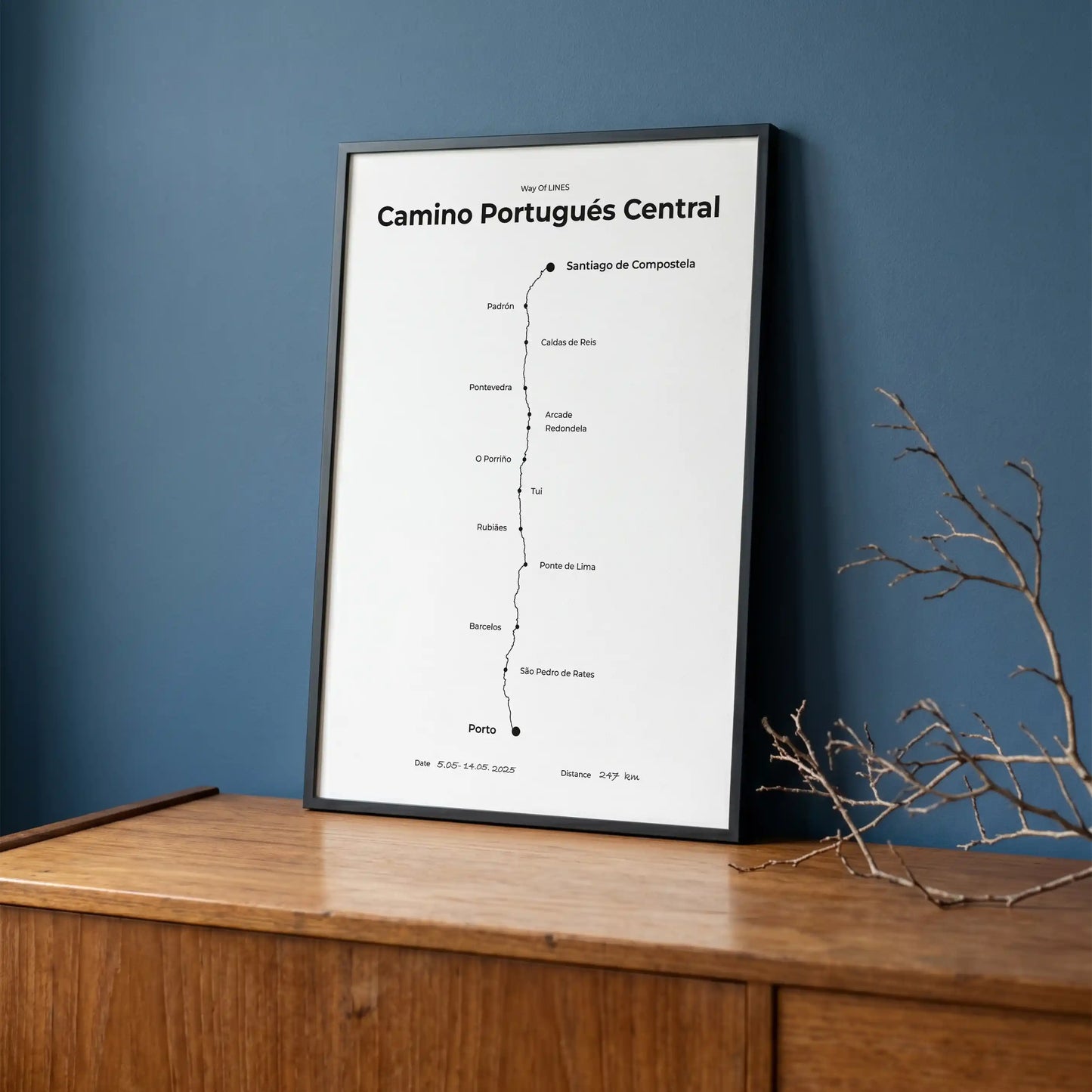 Minimalist Camino Portugués Central map poster in quiet black color, interior mockup.