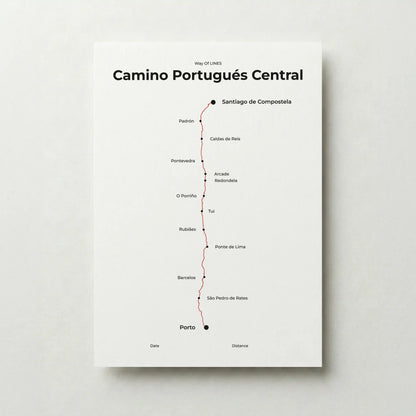 Minimalist Camino Portugués Central map poster in red beacon color.
