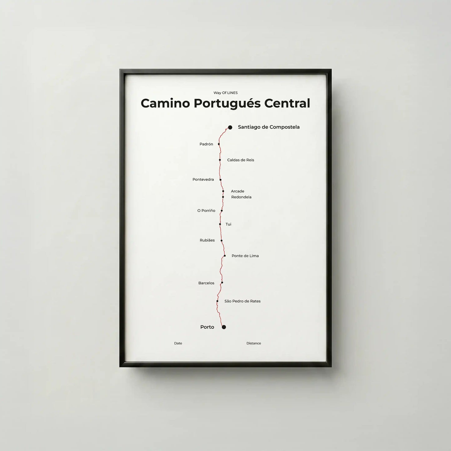 Minimalist Camino Portugués Central map poster in red beacon color, frame mockup.