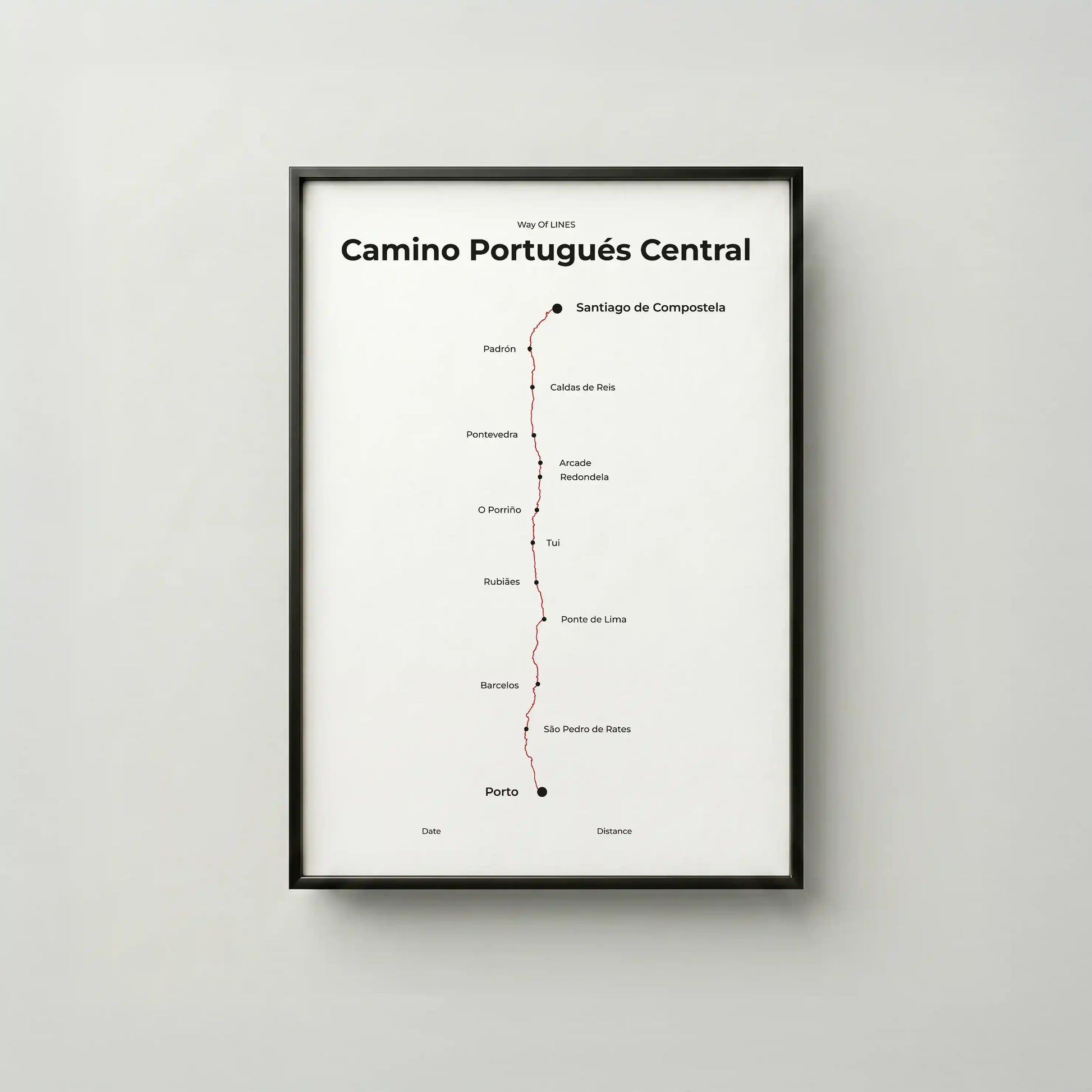 Minimalist Camino Portugués Central map poster in red beacon color, frame mockup.