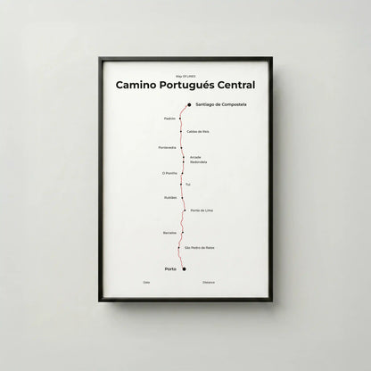 Minimalist Camino Portugués Central map poster in red beacon color, frame mockup.