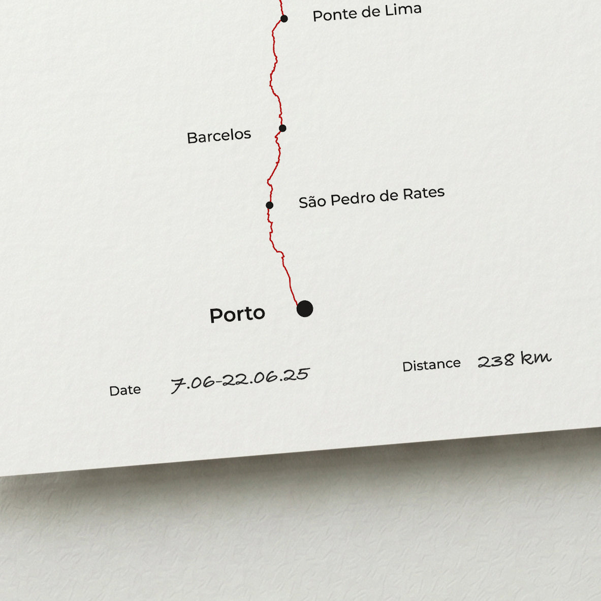 Personalized Camino Portugués Central map poster with handwritten date and distance details.
