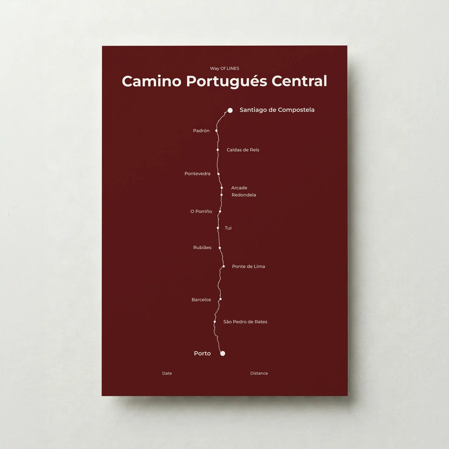 Minimalist Camino Portugués Central map poster in reserve red color.