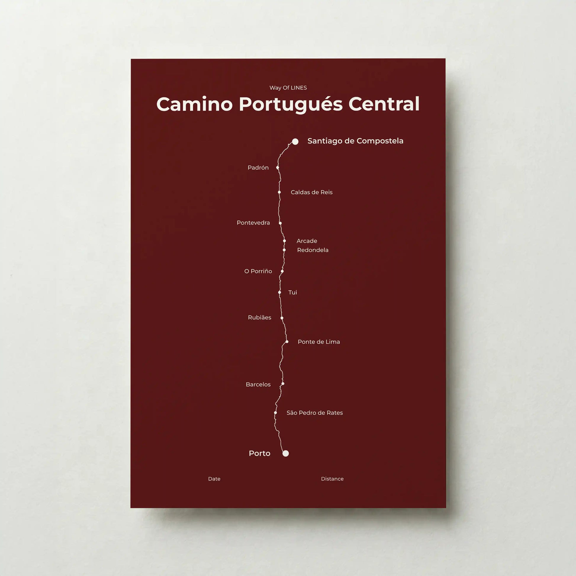 Minimalist Camino Portugués Central map poster in reserve red color.