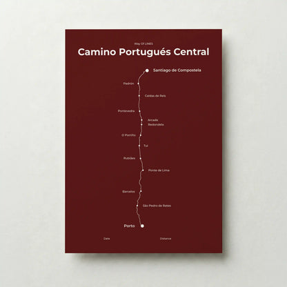 Minimalist Camino Portugués Central map poster in reserve red color.