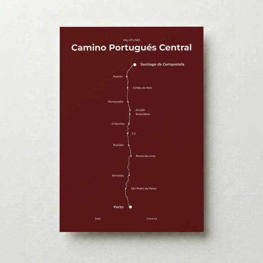 Minimalist Camino Portugués Central map poster in reserve red color.