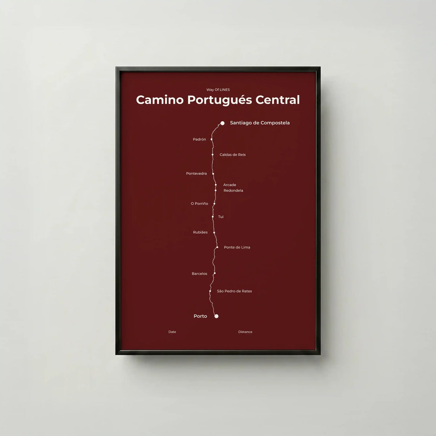 Minimalist Camino Portugués Central map poster in reserve red color, frame mockup.
