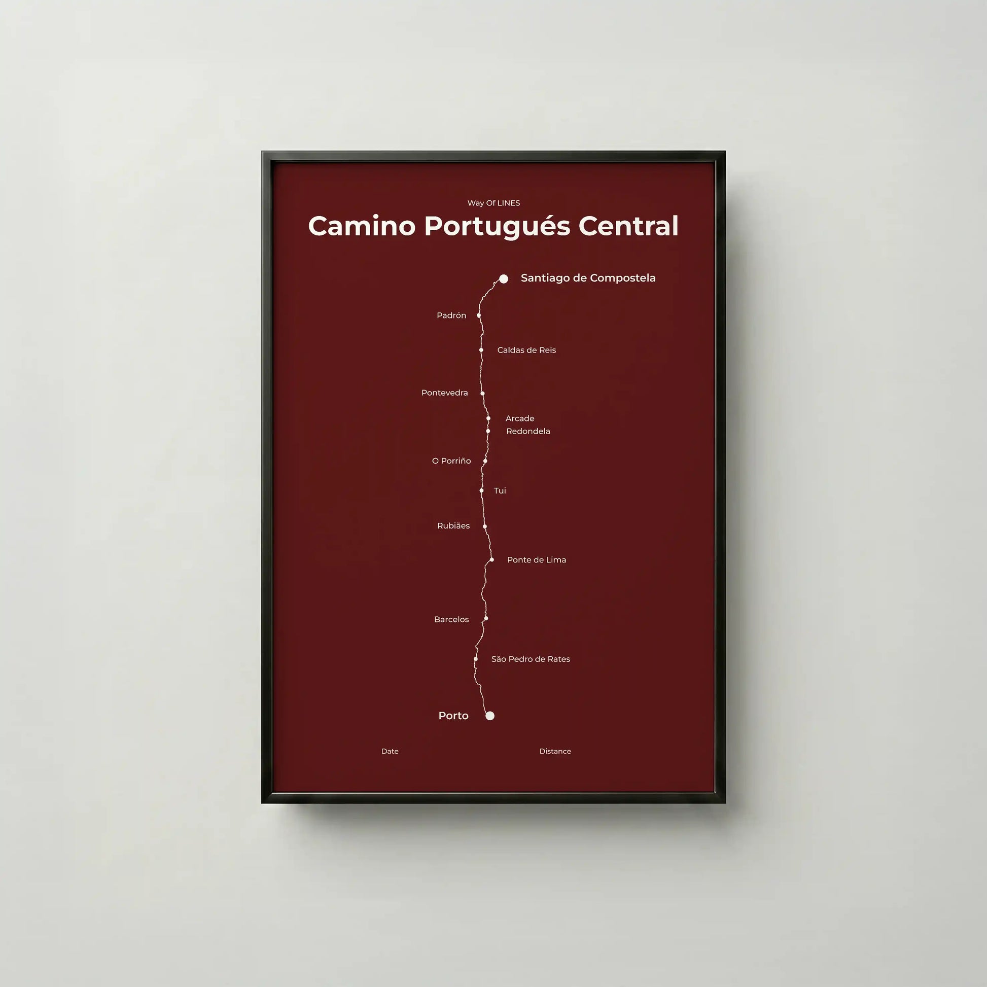 Minimalist Camino Portugués Central map poster in reserve red color, frame mockup.
