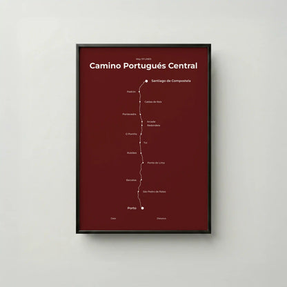 Minimalist Camino Portugués Central map poster in reserve red color, frame mockup.

