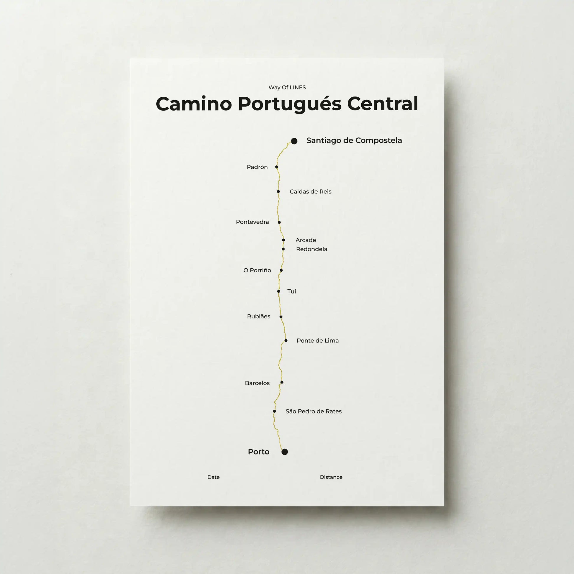 Minimalist Camino Portugués Central map poster in sunworn color.