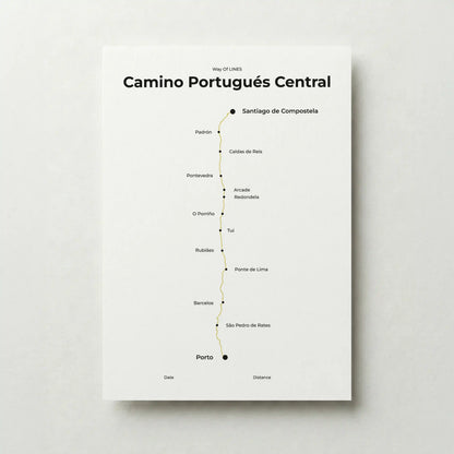 Minimalist Camino Portugués Central map poster in sunworn color.