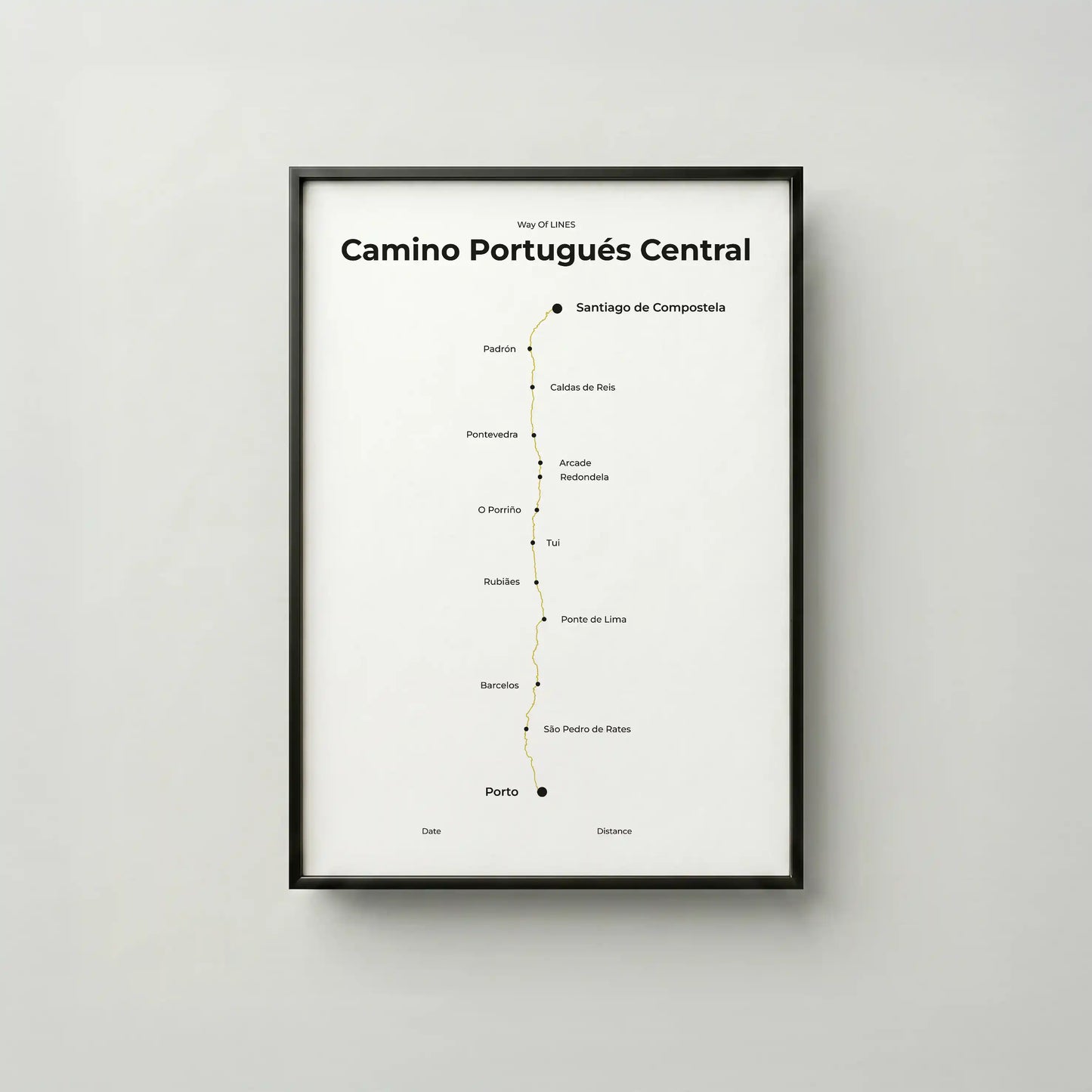 Minimalist Camino Portugués Central map poster in sunworn color, frame mockup.
