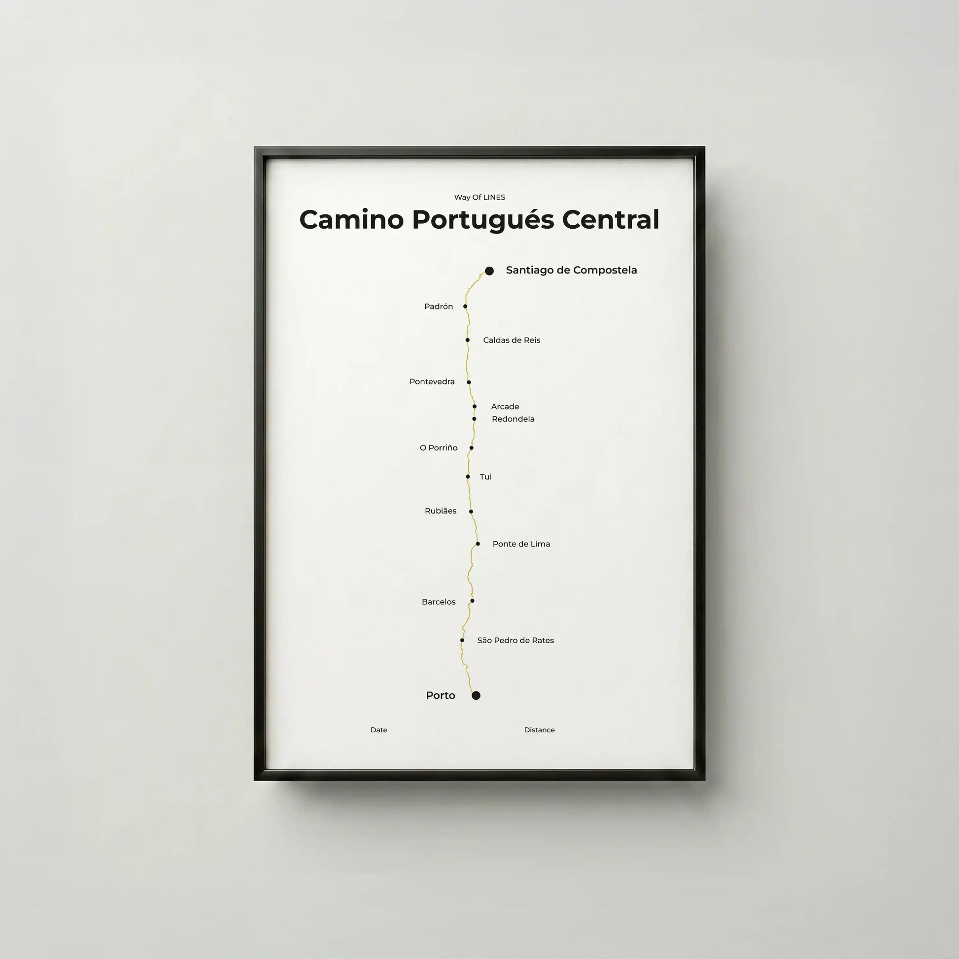 Minimalist Camino Portugués Central map poster in sunworn color, frame mockup.
