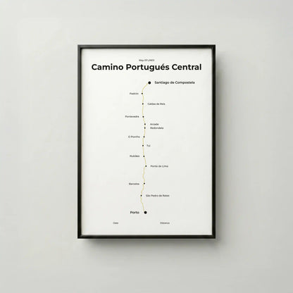 Minimalist Camino Portugués Central map poster in sunworn color, frame mockup.
