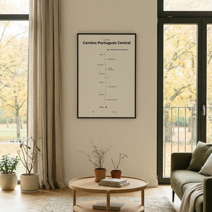 Minimalist Camino Portugués Central map poster in sunworn color, interior mockup.
