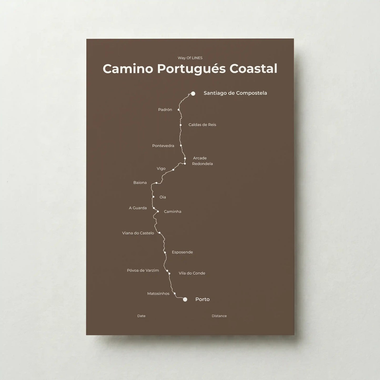 Minimalist Camino Portugués Coastal map poster in ashen clay color.
