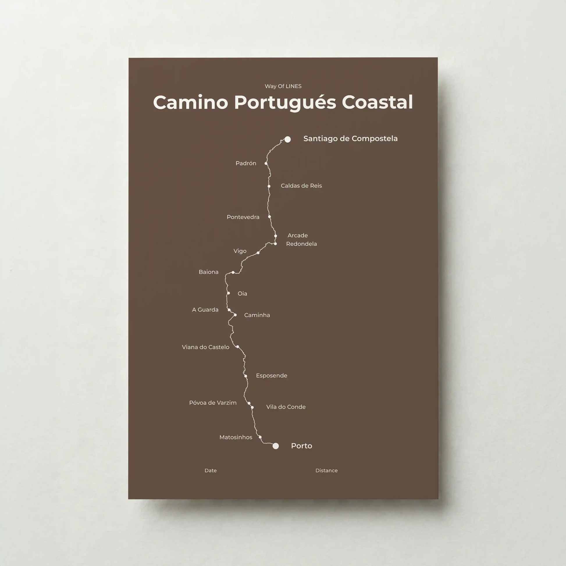 Minimalist Camino Portugués Coastal map poster in ashen clay color.
