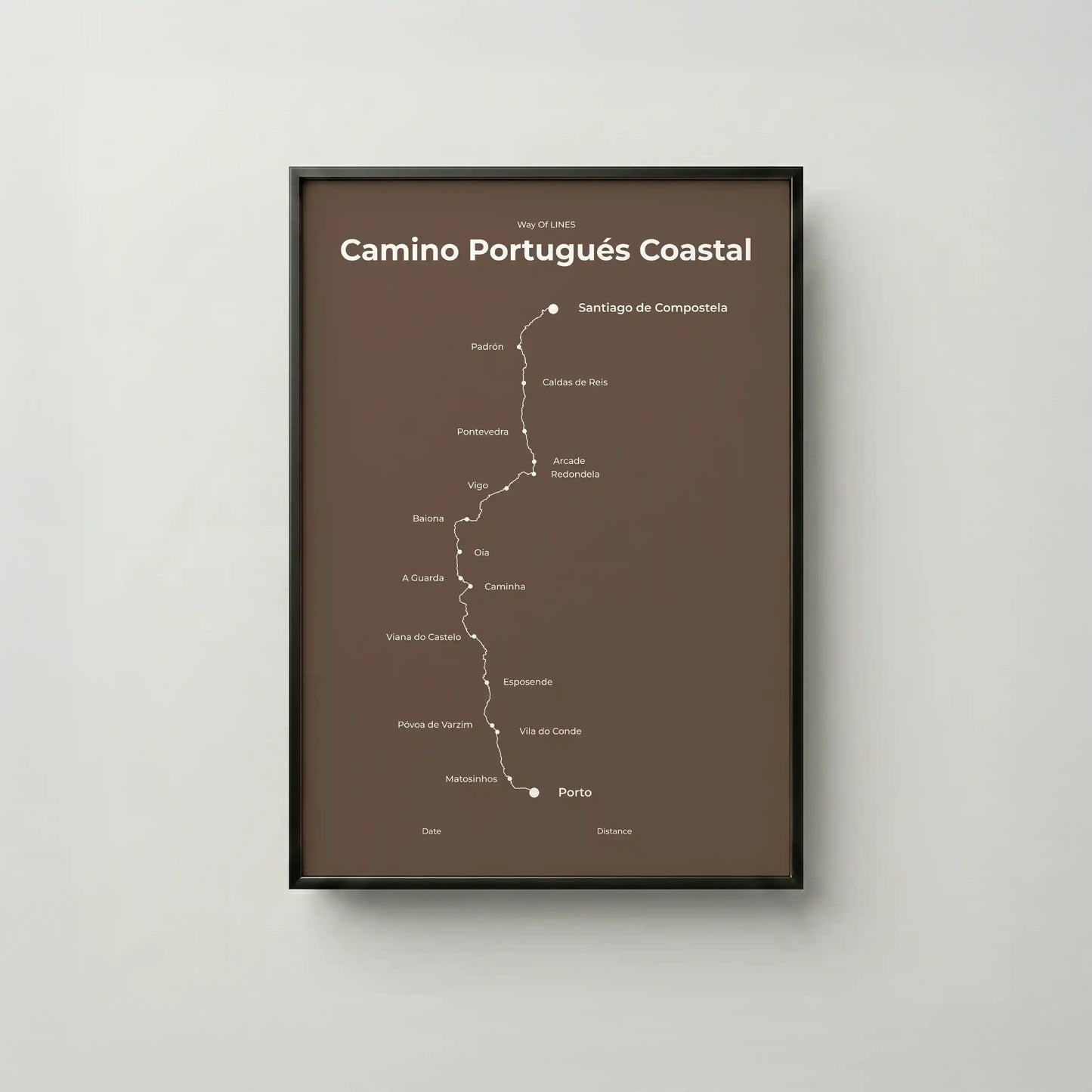 Minimalist Camino Portugués Coastal map poster in ashen clay color, frame mockup.
