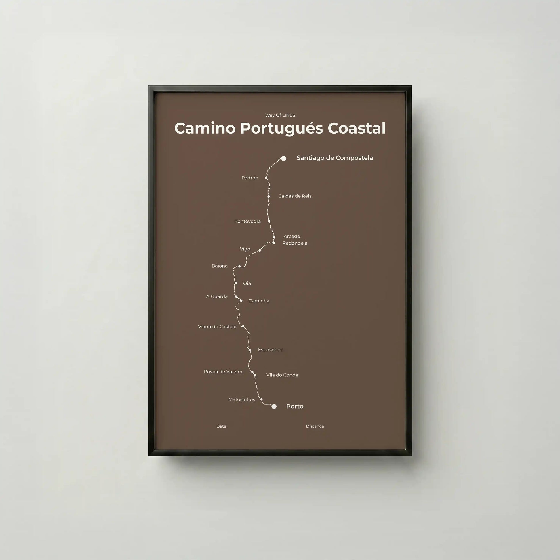Minimalist Camino Portugués Coastal map poster in ashen clay color, frame mockup.

