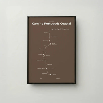 Minimalist Camino Portugués Coastal map poster in ashen clay color, frame mockup.
