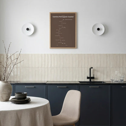Minimalist Camino Portugués Coastal map poster in ashen clay color, interior mockup.
