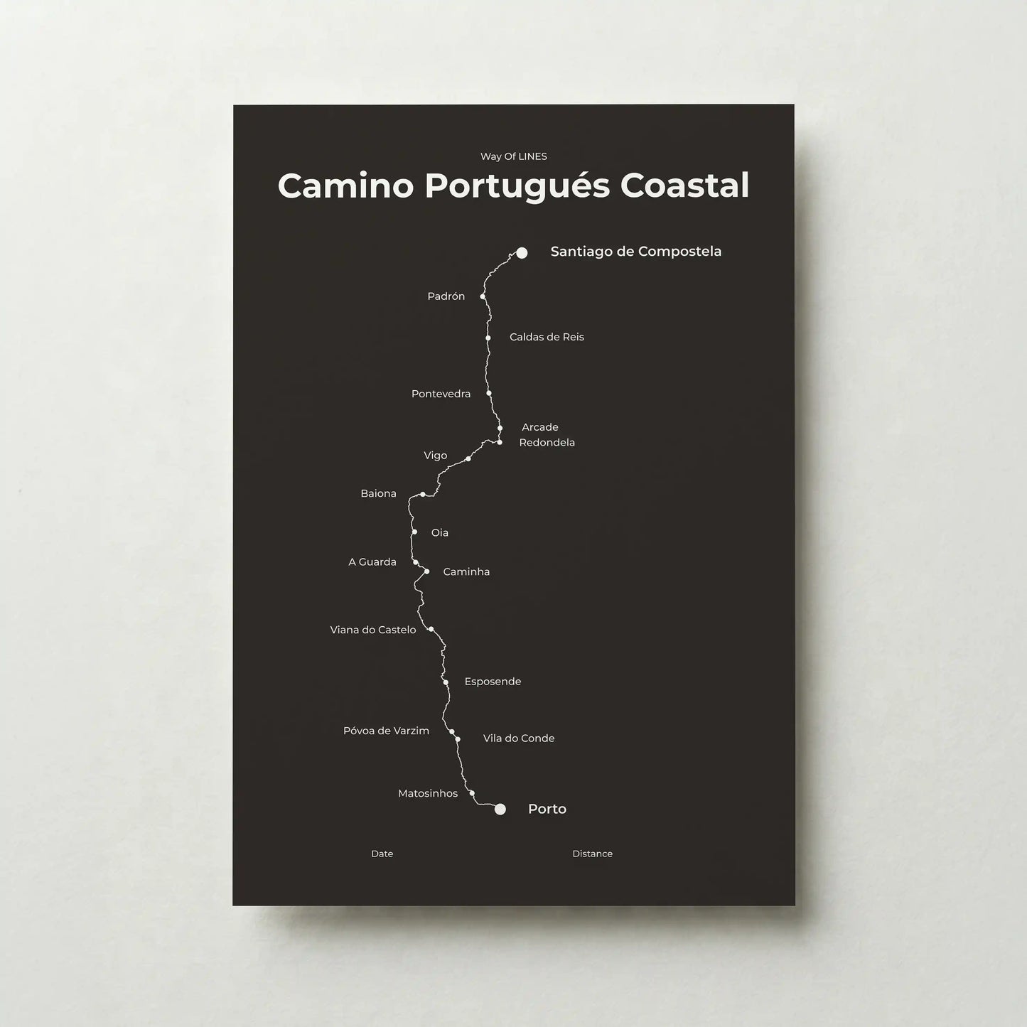 Minimalist Camino Portugués Coastal map poster in deep bark color.
