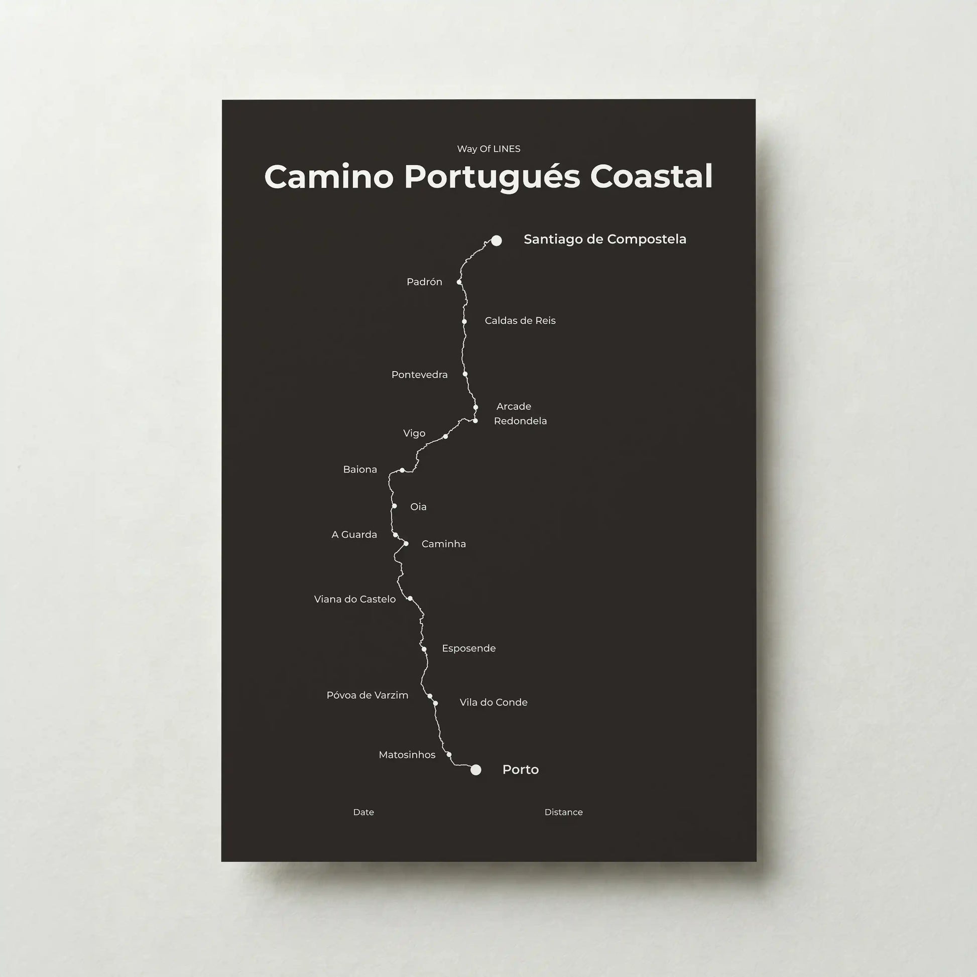 Minimalist Camino Portugués Coastal map poster in deep bark color.
