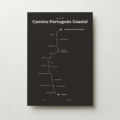 Minimalist Camino Portugués Coastal map poster in deep bark color.
