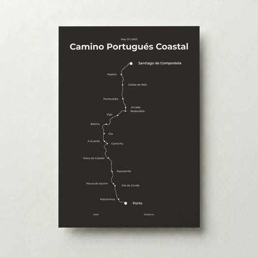 Minimalist Camino Portugués Coastal map poster in deep bark color.
