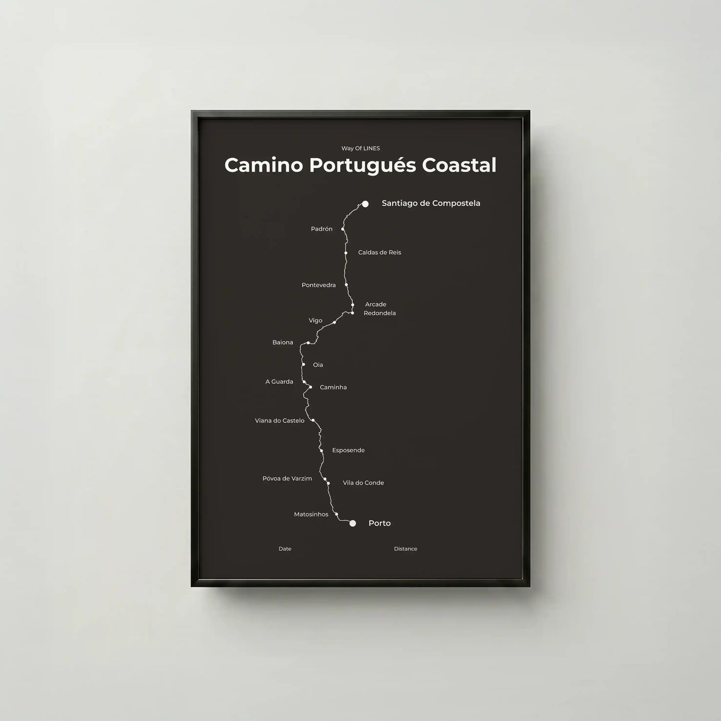 Minimalist Camino Portugués Coastal map poster in deep bark color, frame mockup.