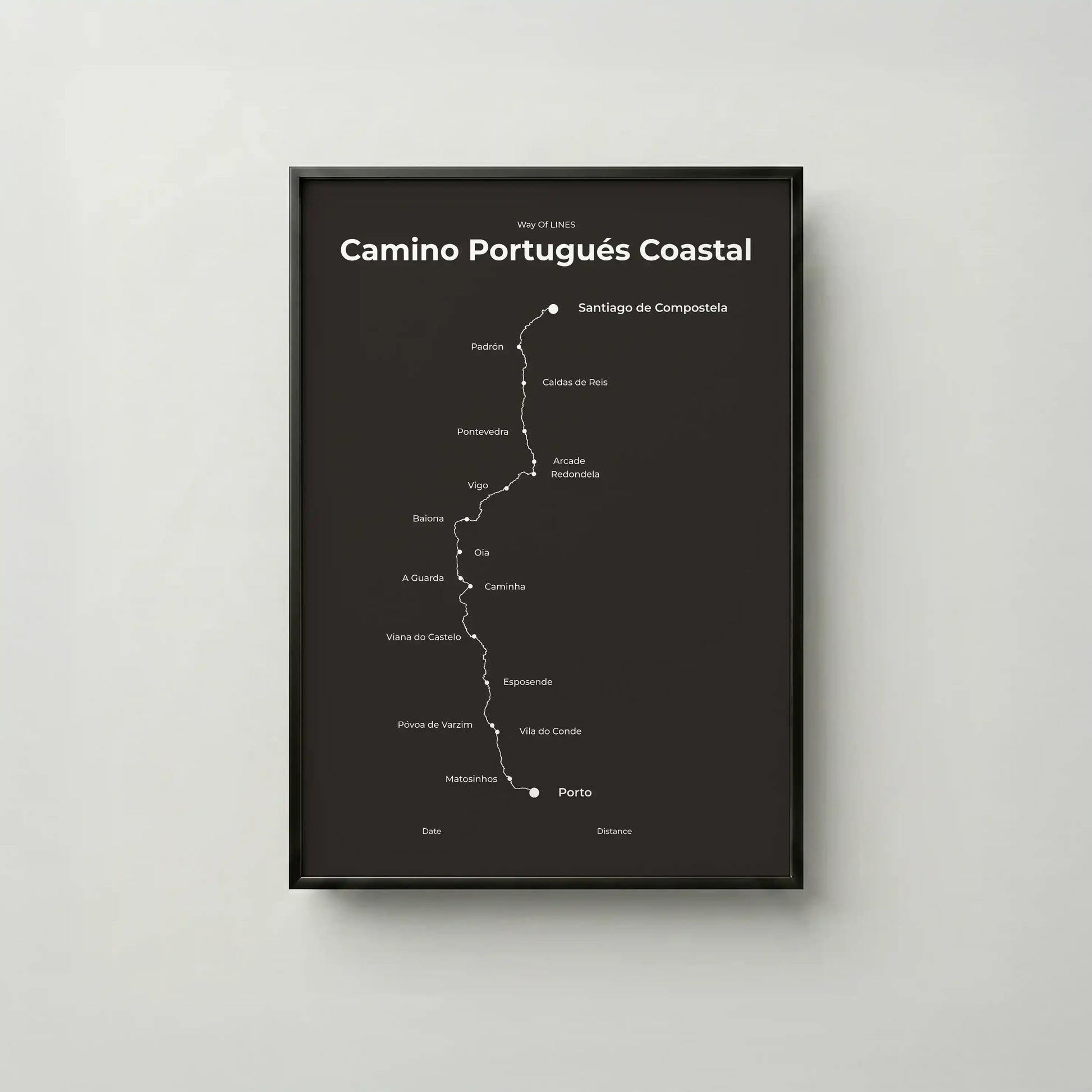 Minimalist Camino Portugués Coastal map poster in deep bark color, frame mockup.