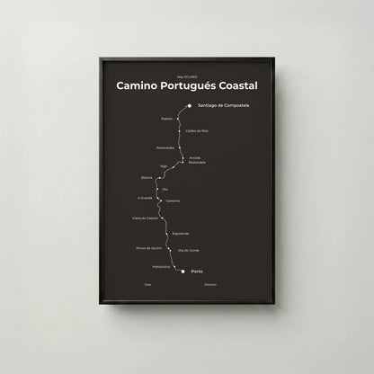 Minimalist Camino Portugués Coastal map poster in deep bark color, frame mockup.